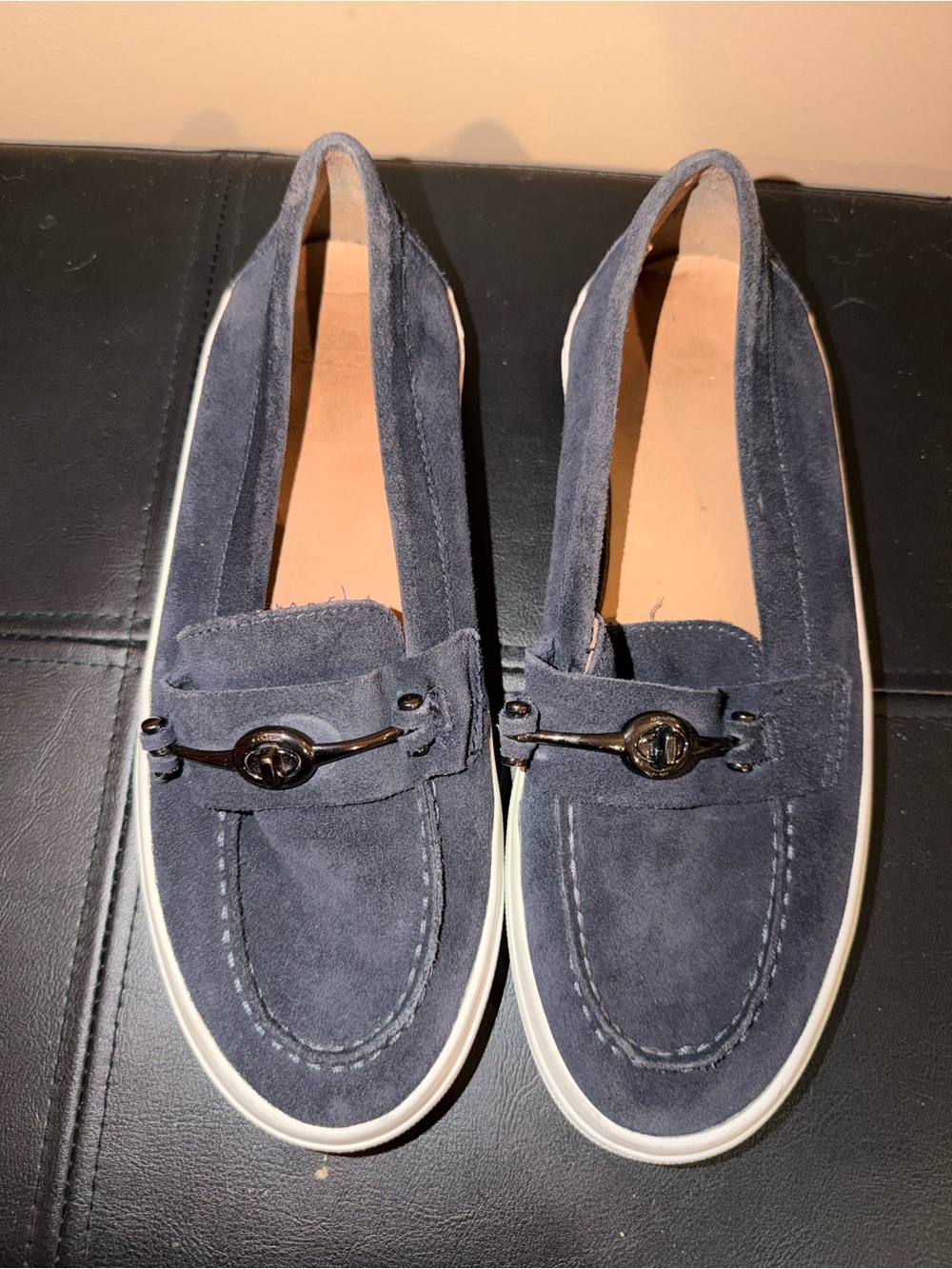 Coach Navy Suede Loafers with Bronze-Tone Bit